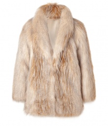 Make a dramatic statement on style in Juicy Coutures ultra glamorous faux fur coat, tinted in neutral tonal blonde coloring for a luxe look guaranteed to make an impact - Shawl collar, V-neckline, long sleeves, open front, side slit pockets - Feminine straight silhouette - Wear as a chic finish to tissue tees, leather leggings and stand-out ankle boots