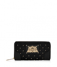 Super functional and equally chic, this quilted nylon wallet from Juicy Couture is a glamorous way to stash away your everyday essentials - Part of the Upscale Quilted collection - Logo crest, oversized polished metal zip-around, zippered back slit pocket, inside zippered change purse with sectional pockets, credit-card slots and ID window - Cute enough to carry alone as clutch