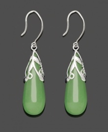 Cool, calm and collected. This peaceful style adds serenity to any look. Solid jade teardrops (10 mm x 25 mm) shine with the addition of a scrolling sterling silver overlay. Approximate drop: 1-3/4 inches.