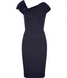 The classic cocktail dress gets a stylish upgrade from Valentino with an asymmetrical draped neckline - Asymmetrical draped neckline with knot detail, sleeveless, fitted silhouette, pencil skirt, concealed side zip closure - Pair with peep-toe platforms, a slim trench, and a stud embellished clutch