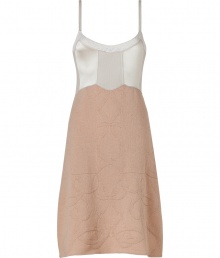 Alluring and demure with a modern mix of satin and patterned knit, Jil Sanders mixed-media dress is a sweet choice perfect for adding a romantic finish to your look - Scooped neckline, spaghetti straps, ivory top with mixed knit trim, textural blush knit skirt, pull-over style - Fitted top, full skirt - Wear with a blazer and peep-toes to work