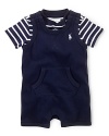 An adorable set features an essential striped bodysuit and a solid shortall that are jersey-knit from super-soft cotton for a smooth, comfortable feel.