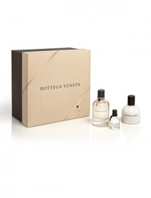 The first fragrance from Bottega Veneta is a complex fragrance woven harmoniously with notes of jasmine, plum, patchouli, and leather for an intriguing and sensuous woman. Set includes: Eau de parfum spray, 2.5 oz.; perfumed body lotion, 3.4 oz. and a deluxe miniature, 0.25 oz. 