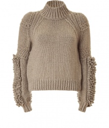 Recently relaunched with a fashion-forward aesthetic, this ultra-luxe pullover from Belstaff brings trend-right flair to knitwear - Ribbed turtleneck, decorative stitching at shoulders, fringe detailing on sleeves, ribbed cuffs and hem, cropped slim silhouette - Pair with high-waisted trousers, peep-toe heels, and a statement satchel