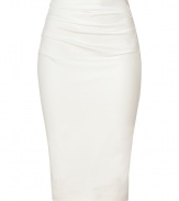 Make a bold statement in this figure flattering pull on pencil skirt from Donna Karan -  High-waisted, fitted silhouette, draped front, twisted seam detail - Pair with opaque tights, an oversized cashmere sweater or silk blouse, and statement heels