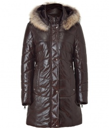 Supple brown lamb leather and eye-catching fur trim lend this sleekly elegant Ventcouvert coat its effortless winter-chic appeal - Slim cut quilted style tapers gently through waist - Full snap placket  and underlying zip closure - Pockets at either hip and zipper embellishment at cuffs - On trend fur-trimmed hood - Streamlined and sophisticated, the easiest way to stay warm while looking cool this season! - Pair with any number of looks, from jeans to suit trousers to knit dresses