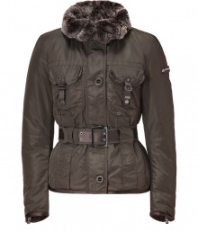 This bomber-inspired down jacket from Peuterey features a luxe fur collar and a flattering fitted silhouette - Large fur collar, concealed front zip closure with front button placket, long sleeves with zip cuffs, belted waist, flap pockets, slim fit - Wear with a cashmere pullover, skinny jeans, and shearling-lined boots