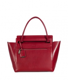 With a rich shade of brick red and clever handle slot, Jil Sanders smooth calf leather tote is an exquisitely chic choice - Double top handles with engraved logo luggage tag attached, zippered front slit pocket, inside cinch strap, green leather interior, zippered back wall slit pocket, front wall slit pocket and card slots - An immaculate way to add color into your outfit