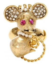 Cute and charming! An adorable mouse adorns this sweet stretch ring from Betsey Johnson. Crafted in gold tone mixed metal, it's embellished with colored crystals and a pretty pearl necklace. Ring adjusts to fit finger.