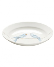 It's only natural. The whimsical Sky Song rim soup bowl from Martha Stewart Collection stars pretty blue birds on bare branches. Sleek bone china dinnerware is both dishwasher and microwave safe for carefree, everyday use.