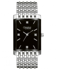 A handsome style from Caravelle by Bulova, this men's watch emanates refinement. With a silvertone stainless steel bracelet and rectangular case. Rectangular black dial with diamond accents at indices and logo. Quartz movement. Water resistant to 30 meters. Three-year limited warranty.