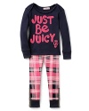 She'll get super cozy in Juicy Couture's Just Be Juicy logo pajama set, featuring a comfy longsleeve top and ruffled plaid pant.