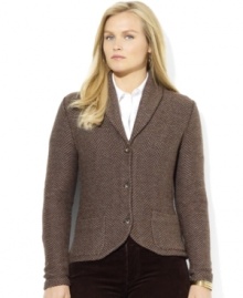 Lauren Ralph Lauren's chic shawl-collar plus size cardigan is designed in a cozy cashmere and wool herringbone for stylish heritage appeal.