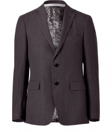 Elegant jacket in fine, pure dark grey linen - Soft yet durable fabric drapes beautifully - Slick paisley print lining is quintessentially Etro - Slim, straight silhouette - Single-breasted cut with two-button closure - Medium-width lapels, flap pockets and single chest pocket - Polished and classically cool, easily dressed up or down - Wear day or evening and pair with chinos, slim jeans or linen trousers