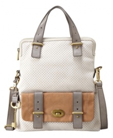 Stand out from the crowd with this unique tote design by Fossil. A perforated body features a flap detailed front with a turnlock closure and contrast trim. A signature charm and optional crossbody strap complete this gorgeous style.