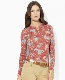 Lauren Ralph Lauren's fine-ribbed cotton floral tee is finished with chic three-quarter-length sleeves and a lace-up placket for a feminine look.