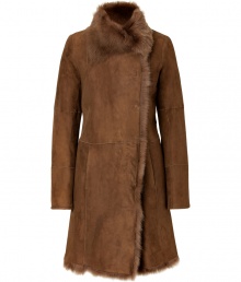 Radiate luxe appeal this season in Josephs exquisitely tinted tan lambskin coat - Fold-over fur collar, long sleeves, patchwork seaming, hidden front hook closures, side slit pockets, ultra warm fur interior - Tailored fit - Finish with jet black separates and modern-minimalist accessories