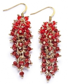 Red-y, set, go! Add a vibrant burst of color to your wardrobe with this chic cascade cluster earrings from c.A.K.e. by Ali Khan. Crafted in gold tone mixed metal, they feature a fashionable array of crystal and glass rondelle beads. Approximate length: 5/8 inches.