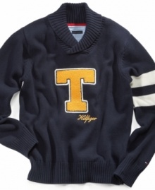 A cozy knitted creation. Tommy Hilfiger's varsity-inspired sweater will add major points to your little guy's style game.