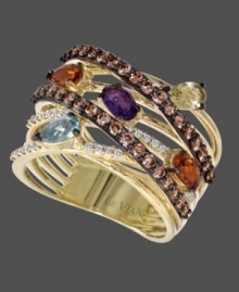 Get wrapped up in a rainbow's spectrum of precious stones. This 14k gold Le Vian ring features bands of round-cut chocolate diamonds (5/8 ct. t.w.) and round-cut white diamonds (1/10 ct. t.w.) accented by a round-cut amethyst (1/4 ct. t.w.), oval-cut rhodolite (1/4 ct. t.w.) pear-cut citrine (1/4 ct. t.w.), oval-cut peridot (1/4 ct. t.w.) and pear-cut blue topaz (1/4 ct. t.w.). Size 7.