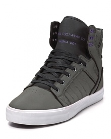 Take your style back to the future. This paneled high-top sneaker has an oversized tongue and collar and purple accents.