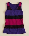 A tank top with bold colorblocks and lace trim looks fabulous on its own or layered under boyfriend blazer or hoodie.