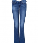 Stylish, straight-leg jeans in fine, medium-blue wash cotton - Features True Religion signature stitching on two back flap pockets, subtle fading, creases at knee, and zipper and single-button closure - Favorite jeans for a girls night out with a sexy tank and heels