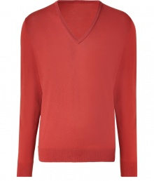 Stylish pullover in fine, pure orange-red cotton - Super-soft, densely woven fabric feels great against the skin - Elegant v-neck and rib trim at cuffs and hem - Straight, slim cut - A polished, versatile basic in any wardrobe - Dress up with a button down, trousers and leather lace-ups, or go for a more casual look with skinny denim, trainers and a blazer