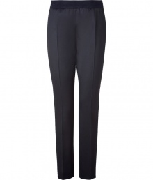 Jil Sanders navy virgin wool pants are an artfully crafted example of elegant, precision tailoring - Medium-rise, slim cut style with a touch of stretch - Banded waist and side zip - Crease detail flatters and elongates the leg - Pant tapers and crops at ankles with a sleek vent - Polished and effortlessly chic, perfect for pairing with button downs or pullovers and ballet flats or pumps