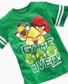 Sure shot. This graphic t-shirt from Epic Threads features the crazy Angry Bird characters from his favorite game.