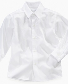 A tonal stripe pattern makes this Calvin Klein button-up shirt a subtly unique look.