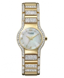 A touch glamour for your wrist. This Caravelle by Bulova watch features a mixed metal bracelet with sparkling crystal detailing. Round mixed metal case and crystal-accented bezel. White mother-of-pearl dial with logo, goldtone numerals at 3, 6, 9 and 12 o'clock and stick indices. Quartz movement. Water resistant to 30 meters. Three-year limited warranty.