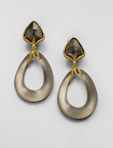 From the Lucite Allegory Collection. Faceted triangles of rich pyrite are framed in thorny, textured goldtone that holds open oval loops of hand-painted, hand-sculpted lucite.PyriteLuciteGoldtoneLength, about 2.6Width, about 1.25Clip-on backMade in USA