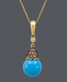 Add an elegant drop of art to your look with this exquisite pendant by CARLO VIANI®. Necklace features a smooth turquoise stone (6-3/8 mm) capped with natural brown diamonds (1/3 ct. t.w.) and a white diamond accent at the bail. Crafted in 14k gold. Approximate length: 18 inches. Approximate drop: 1 inch.