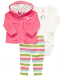 Song bird. She'll be singing a sweet tune in this cozy bodysuit, pant and hoodie set from Carter's.