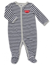 He'll be comfy and cozy in this stripe terry snap up sleep in play from Carter's. Head-to-toe snaps help make diaper changes fast.