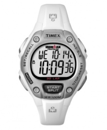 For white-hot workouts. Ironman digital watch by Timex crafted of white resin strap and round case with silver tone bezel. Positive display digital dial features day, date, time, 30-lap memory, chronograph, alarm and timer. Quartz movement. Water resistant to 100 meters. One-year limited warranty.