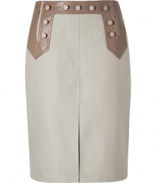 Ultra stylish Taupe A-line skirt from Raoul - Leather button-front and tie-back details add instant chic to this A-line skirt - Classic A-line silhouette, front kick pleat, hidden side zipper - Wear with a tie-neck blouse, patterned nude tights, and platforms