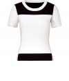 Amp up your stylish basics with this chic color block top from Narciso Rodriguez - Scoop neck with contrasting band detail, short sleeve, slim fit, color block print - Style with a pencil skirt, patterned tights, and platform heels