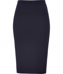 Quietly elegant and effortlessly cool, Jil Sanders navy wool skirt ups the ante on ladylike luxe - Classically slim, high-waisted pencil cut - In a soft, medium-weight virgin wool  - Knee-length style slips on - Polished and preppy chic, ideal for pairing with a slim-cut blouse or a button down and long cardigan or pullover