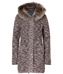 Keep warm in ultra luxe style in Peutereys super soft fur trimmed cardigan - Fur trimmed hood, long sleeves, hidden front zip with button panel, slit pockets, ribbed trim - Fitted - Team with favorite skinnies and cool leather boots