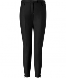 Stylish pant in fine, black cotton stretch blend - On-trend, modified chino cut with straight legs and chic zipper embellishment at hem - Crease detail at front flatters and elongates the silhouette - Tab waist and belt loops - Slash pockets at sides, welt pockets at rear - Medium low rise - Classically chic and comfortable, ideal for both work and play - Pair with a blouse, blazer and heels, or go for a more casual look with a t-shirt oversize cardigan and ballet flats