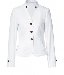 Elegant blazer in fine, white cotton stretch blend - Single-breasted style with three-button closure - Small stand-up collar two front pockets - Gold hardware detail at button placket and neckline - Flattering darts at bust accentuate a lean silhouette and slim waist - Shorter length crops at hips - A polished, feminine spin on masculine tailoring - Pair with a fitted t-shirt and wide-leg trousers or a longer tunic top and skinny denim