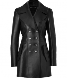 Leather goes ultra-luxe with this 1960s-inspired iteration from Burberry London - Wide lapels, long sleeves, double-breasted, front button placket, flap pockets, fitted bodice, flared bottom, back flap and button detail at hem - Wear with skinny jeans and a cashmere pullover or a fitted cocktail sheath