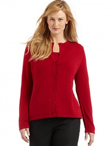 THE LOOKCardigan with long sleeves, buttonfront, banded trim and beaded details throughoutShell with short sleeves, banded trim and beaded details throughoutTHE FITCardigan: about 27 from shoulder to hemShell: about 25 from shoulder to hemTHE MATERIAL81% viscose/16% polyester/3% elastaneCARE & ORIGINHand washImported