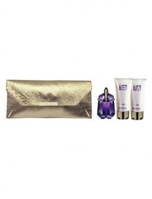 Unleash your inner goddess with this must-have couture sensation. The brilliant golden clutch encompasses a collection of Alien products. Feel extraordinary, and have a marvelous night out with this chic, fashionable clutch. Set includes: 1 oz. refillable spray, 3.4 oz. Radiant Body Lotion and 3.4 oz. Radiant Shower Gel.