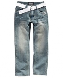 This pair of jeans from Akademiks completes his cool denim look.