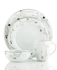 Wildflowers take off on glazed white porcelain, sparkling as they tumble aimlessly around the Platinum Silhouette place settings from Charter Club dinnerware. The dishes have banded edges that add a classic touch to a pattern with modern spirit.