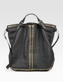 This supple, pebbled leather style blends functionality with chic style with whip-stitched accents over contrast metallic leather.Double adjustable top handles, 3-5 dropDetachable shoulder strap, 21½ dropSnap top closureOne inside zip pocketOne inside open pocketSuede lining16½W X 14H X 8½DMade in Italy