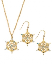 Snow wonder. This drop earring and pendant necklace set from Charter Club is crafted from gold-tone mixed metal. Glass accents light up the night. Approximate drop (earrings): 1-1/2 inches. Approximate length (necklace): 16 inches + 2-inch extender. Approximate drop (necklace): 1-1/2 inches.